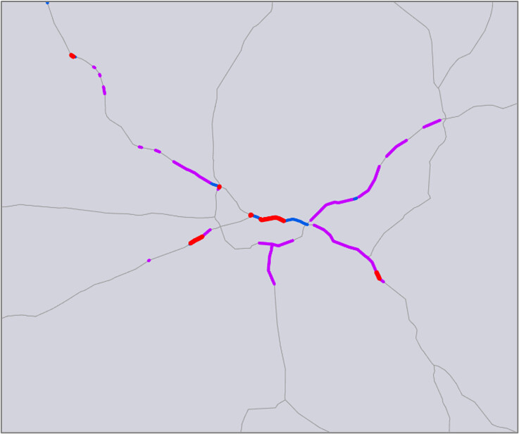Pääväylien palvelutasopuutteet vuonna 2040 Tampereen alueella.