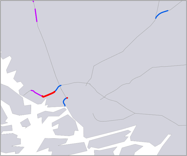 Pääväylien palvelutasopuutteet vuonna 2040 Turun alueella.
