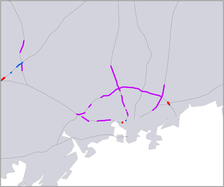 Pääväylien palvelutasopuutteet vuonna 2040 pääkaupunkiseudun alueella.