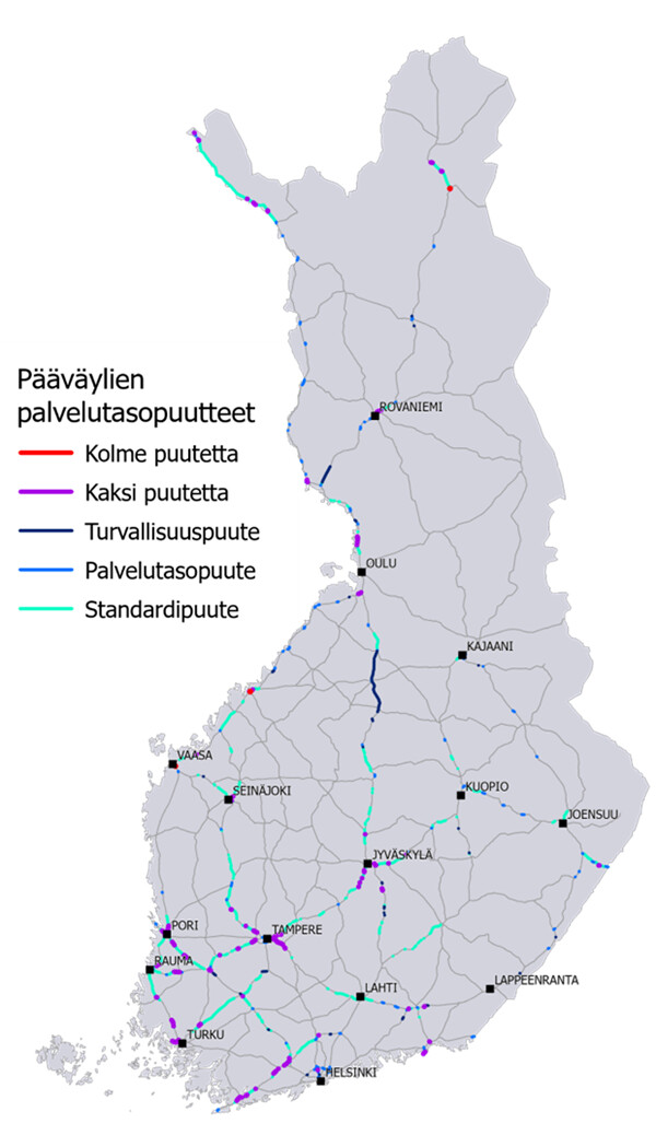 Suomen kartalla esitetty maanteiden pääväylät ja niiden puutteet vuonna 2024
