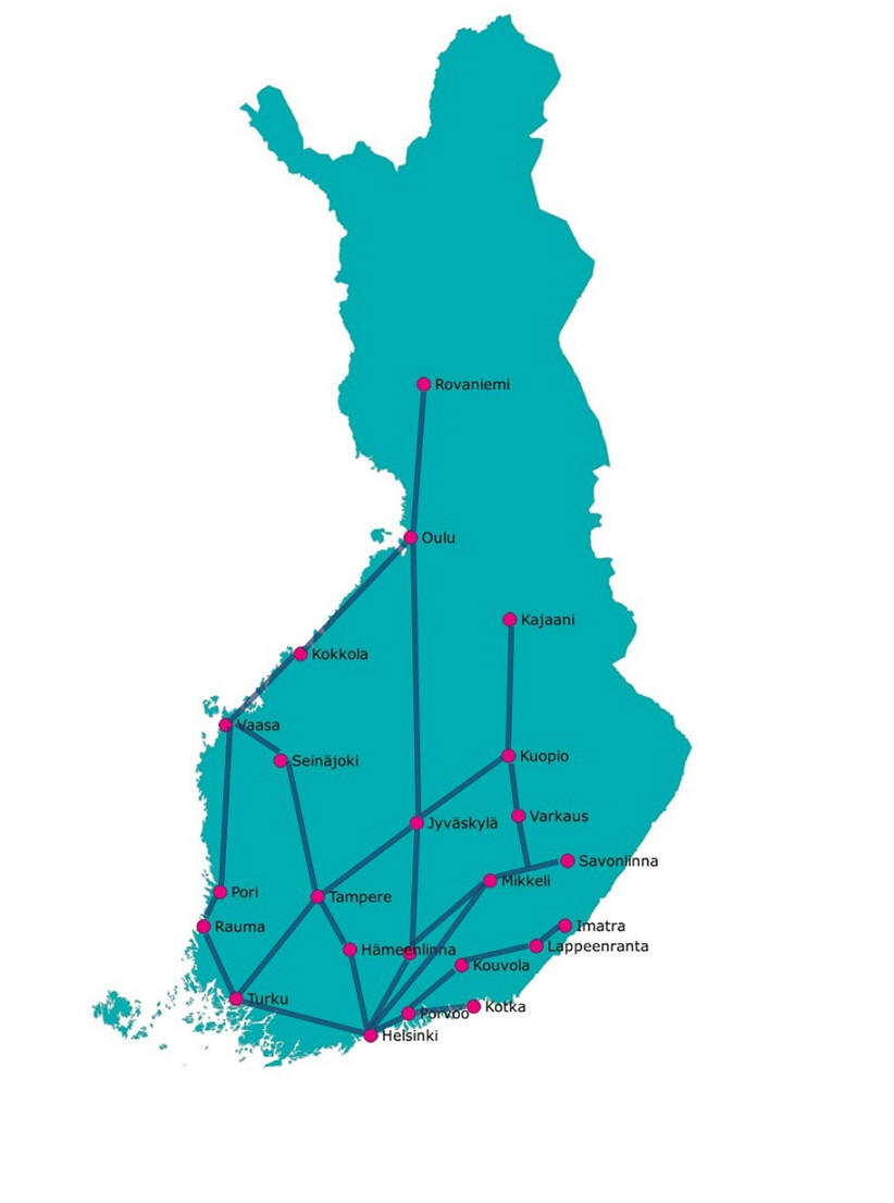 Suomen kartalla pitkämatkaiset linja-autoasemat.