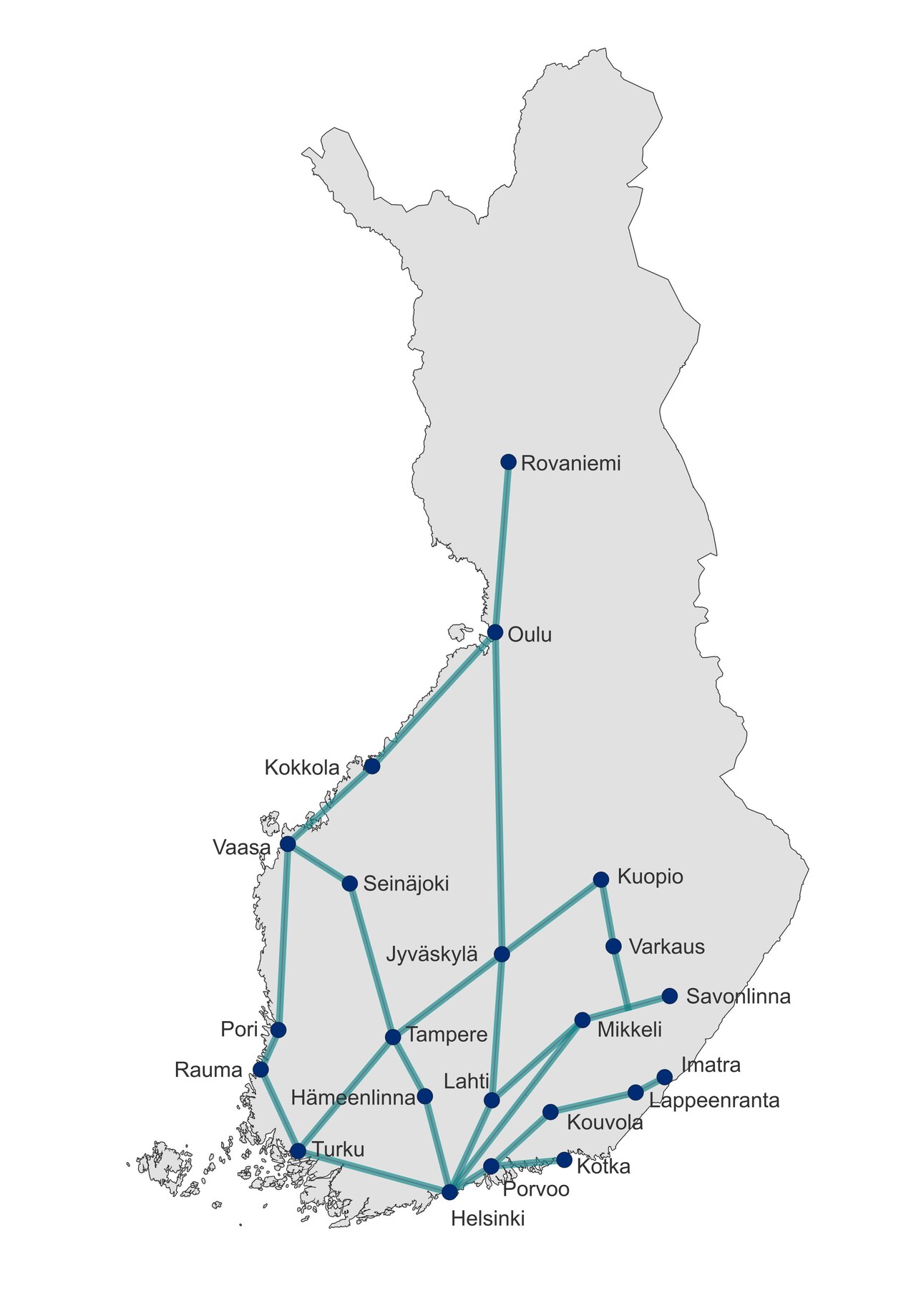 Suomen kartalla pitkämatkaiset linja-autoasemat.