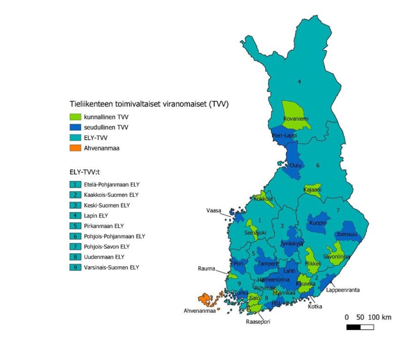 Kuvassa on kaksi Suomen karttaa. Toisella kartalla on esitetty seudulliset, kunnalliset ja ELY-joukkoliikenneviranomaiset, sekä Ahvenanmaa. Kunnallisia ja seudullisia joukkoliikenneviranomaisia on jokaisella ELY-alueella. Toisella kartalla on esitetty suuret, keskisuuret ja pienet joukkoliikenneviranomaiset. Keskisuuret viranomaisalueet sijoittuvat Vaasa-Kuopio-Joensuu akselin eteläpuolelle. Pieniä joukkoliikenneviranomaisia on eri puolilla Suomea. HSL, Tampere, Turku ja Oulu luokitellaan suuriksi.