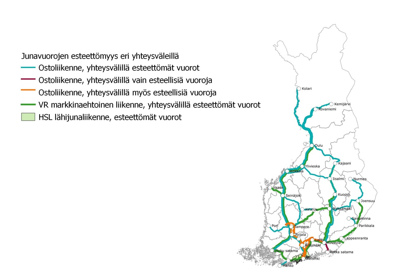 Junaliikenteen yhteysväleistä pääosalla on tarjolla liikkumisesteisten näkökulmasta soveltuvia esteettömiä vuoroja. Kouvola-Kotkan satama -välillä on vain esteellistä kalustoa ja Lahti-Riihimäki ja Lahti-Kouvola -yhteysvälien väliasemia palvelevassa liikenteessä valtaosa vuoroista on esteellisiä.