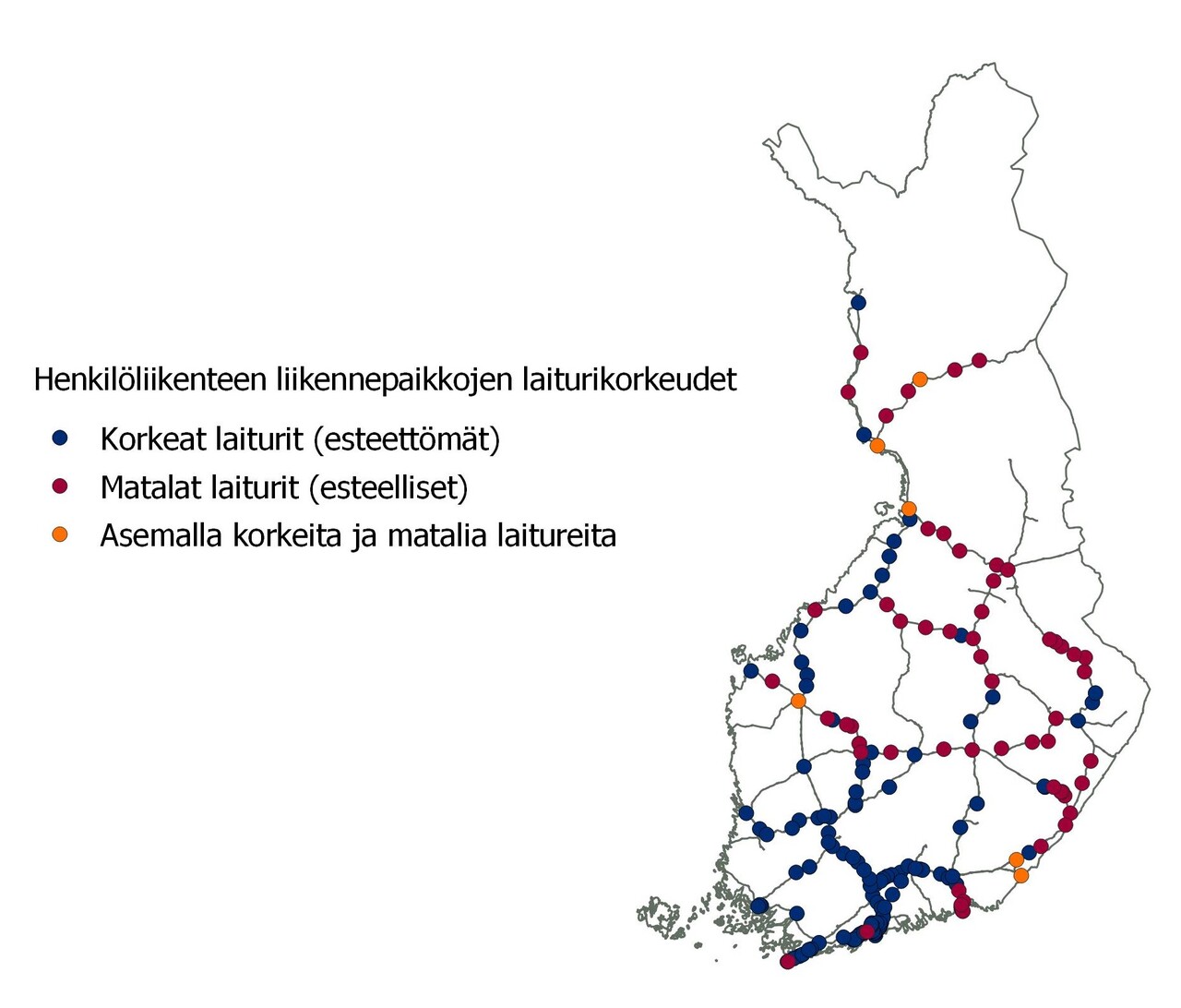 Henkilöliikenteen liikennepaikkojen laiturikorkeudet. Esteellisiä eli matalia laitureita vielä etenkin poikittaista liikennettä tukevilla radoilla ja Pohjois- ja Itä-Suomen rataverkolla.