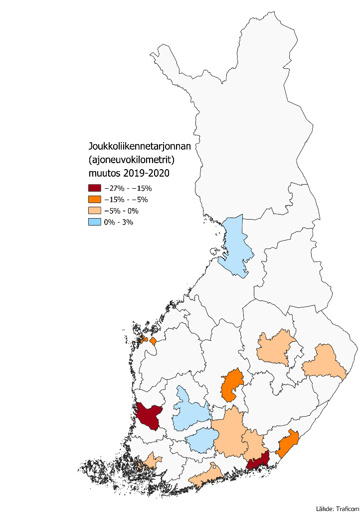 Kuvassa esitetään Suomen kartalla joukkoliikenteen linjakilometrien muutos suurten ja keskisuurten joukkoliikenneviranomaisten alueilla vuosina 2019-2020. Muutokset on jaoteltu neljään luokkaan. Suurin suhteellinen vähenemä on ollut Porissa ja Kotkassa. Oulussa, Tampereella ja Hämeenlinnassa vähenemää ei ole ollut.