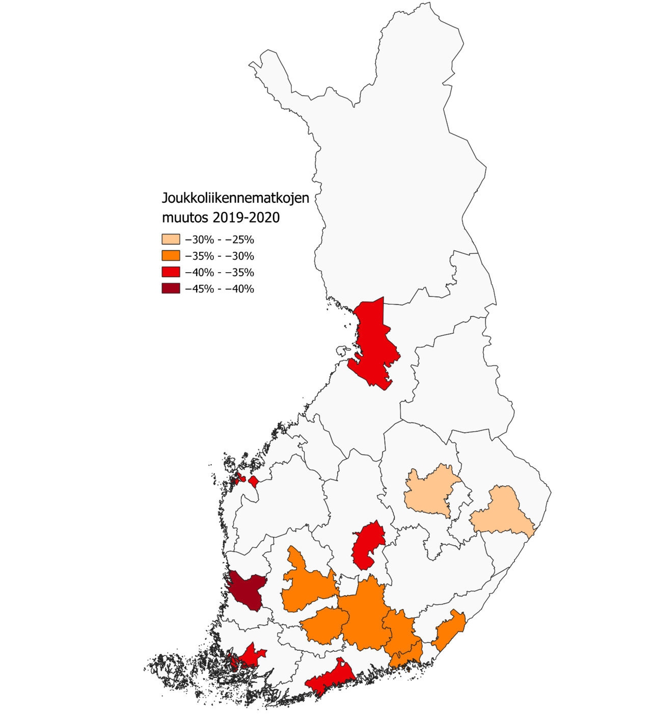 Kuvassa esitetään Suomen kartalla joukkoliikennematkojen muutos 2019-2020 neljässä luokassa. Porissa matkojen vähenemä on ollut suurinta, seuraavaksi suurimmat muutokset ovat olleet Oulussa, Turussa, HSL-alueella ja Jyväskylässä, kolmanneksi suurimmat muutokset ovat olleet Tampere-Lappeenranta akselille sijoittuvilla viranomaisalueilla ja neljänneksi suurimmat vaikutukset Kuopiossa ja Joensuussa.