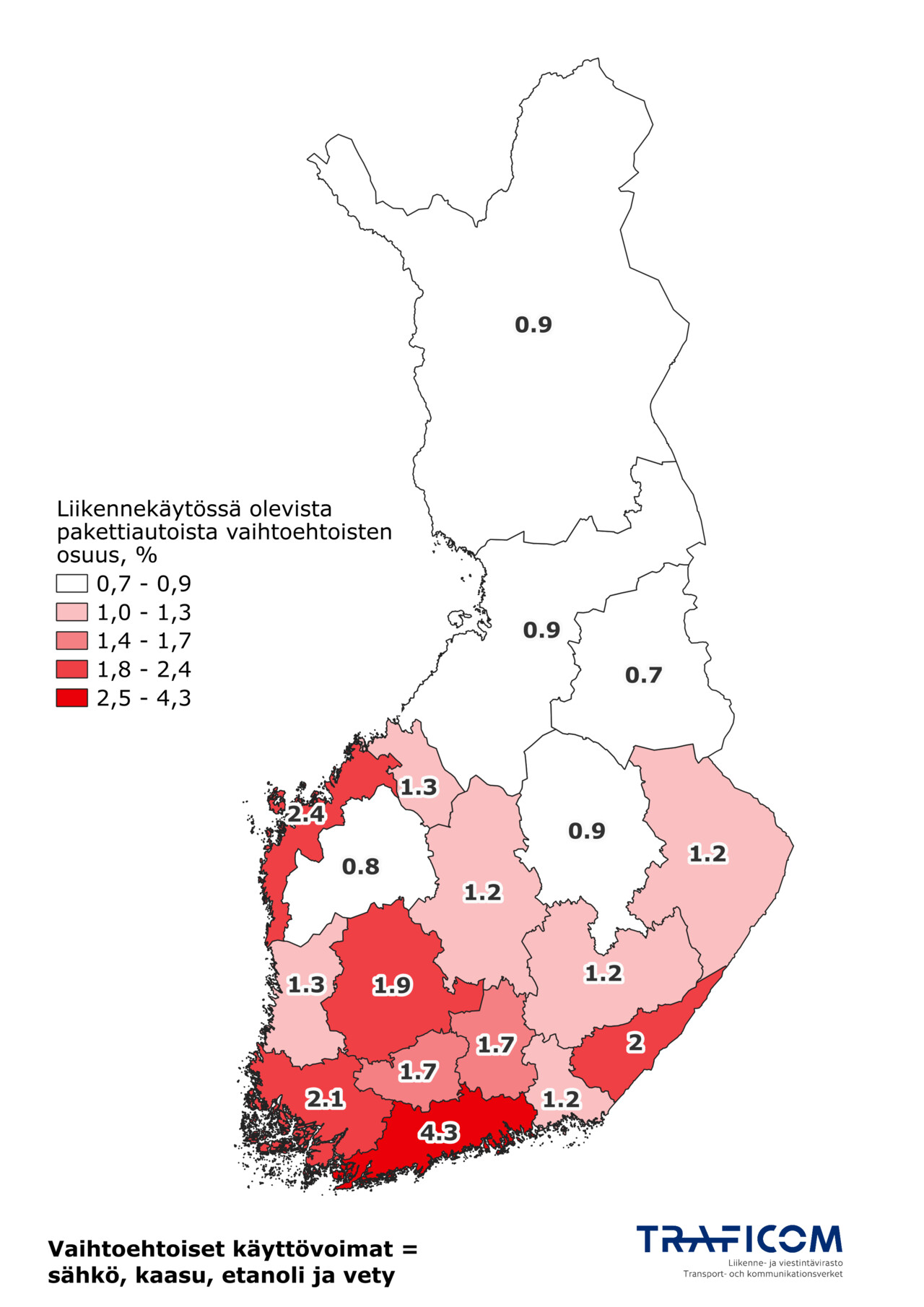 Käyttövoimaltaan vaihtoehtoisten käyttövoimien pakettiautojen osuudet maakunnittain kesäkuun lopussa 2025
