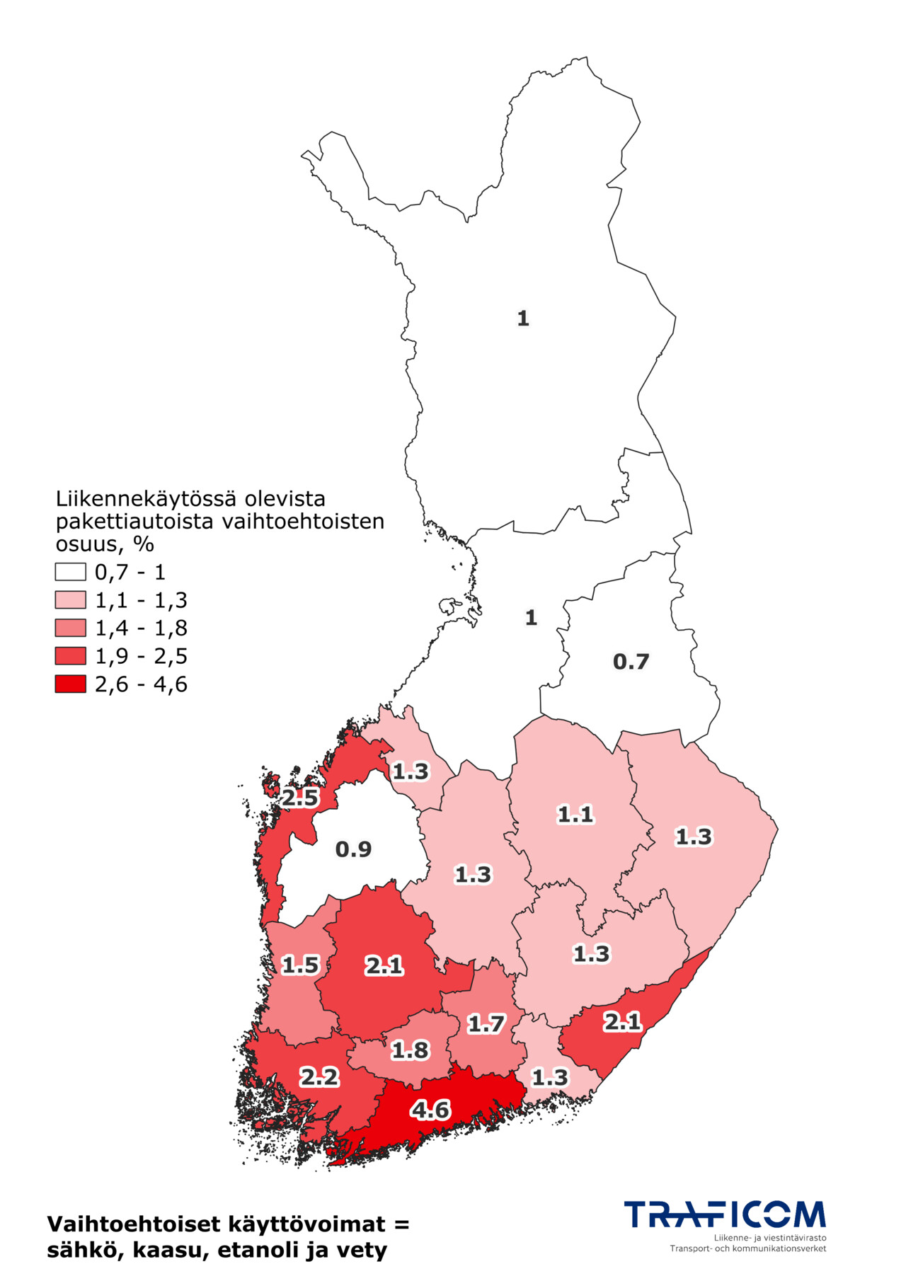 Käyttövoimaltaan vaihtoehtoisten pakettiautojen osuudet maakunnittain