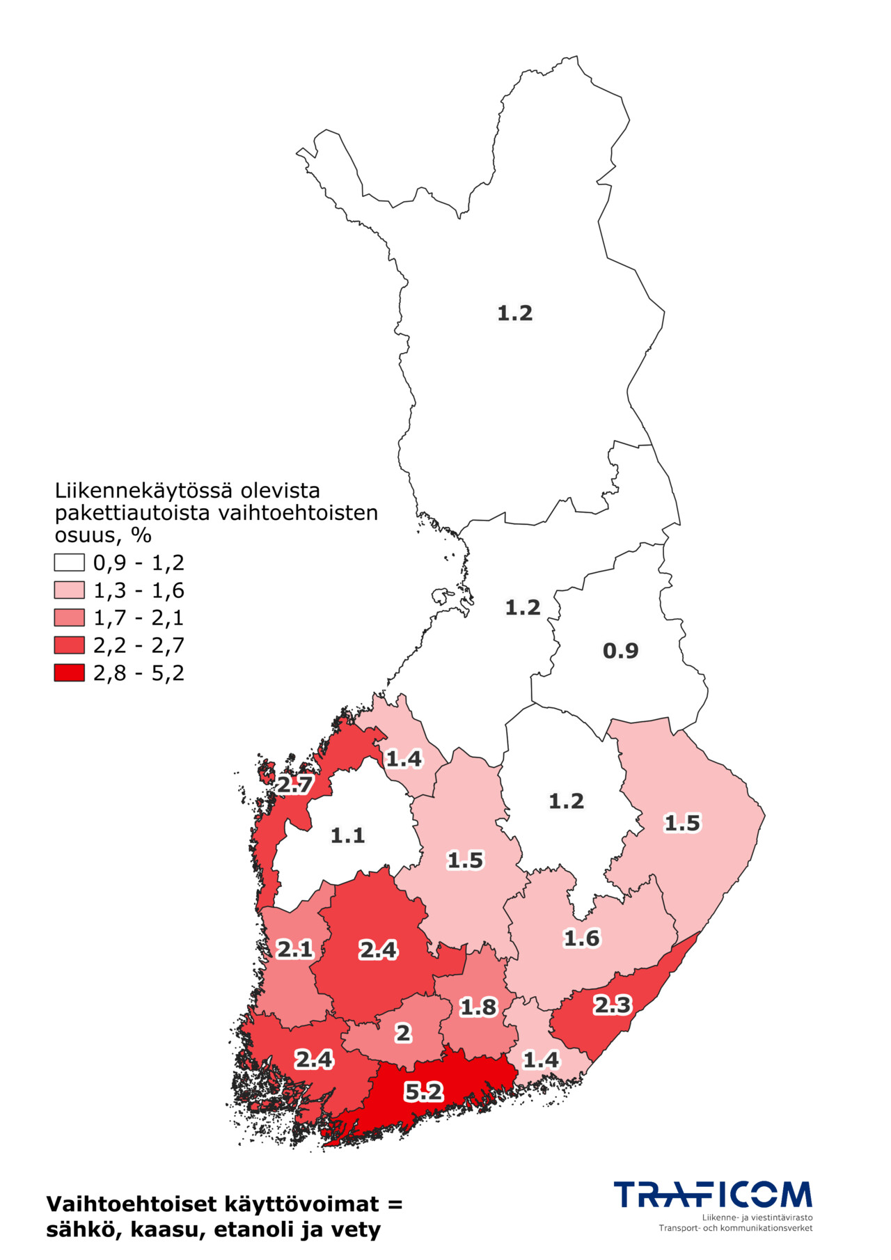 Käyttövoimaltaan vaihtoehtoisten pakettiautojen maakunnalliset osuudet, karttakuva