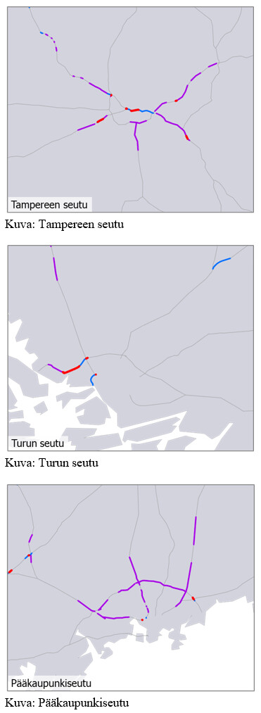 Kuvasarjassa pääväylien palvelutasopuutteet vuonna 2040 Tampereen, Turun ja Pääkaupunkiseudun alueilla.