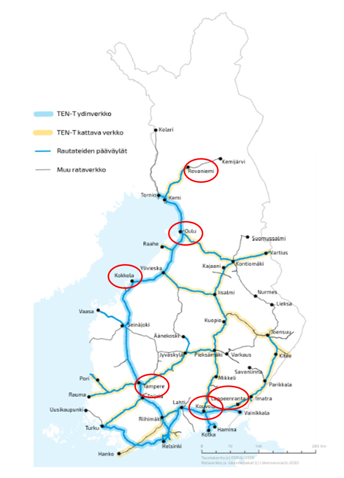 Suomen kartalla keskeisiä ratapihoja, joilla tarvetta erilaisille peruskorjaus-, parantamis- tai kehittämistoimenpiteille.