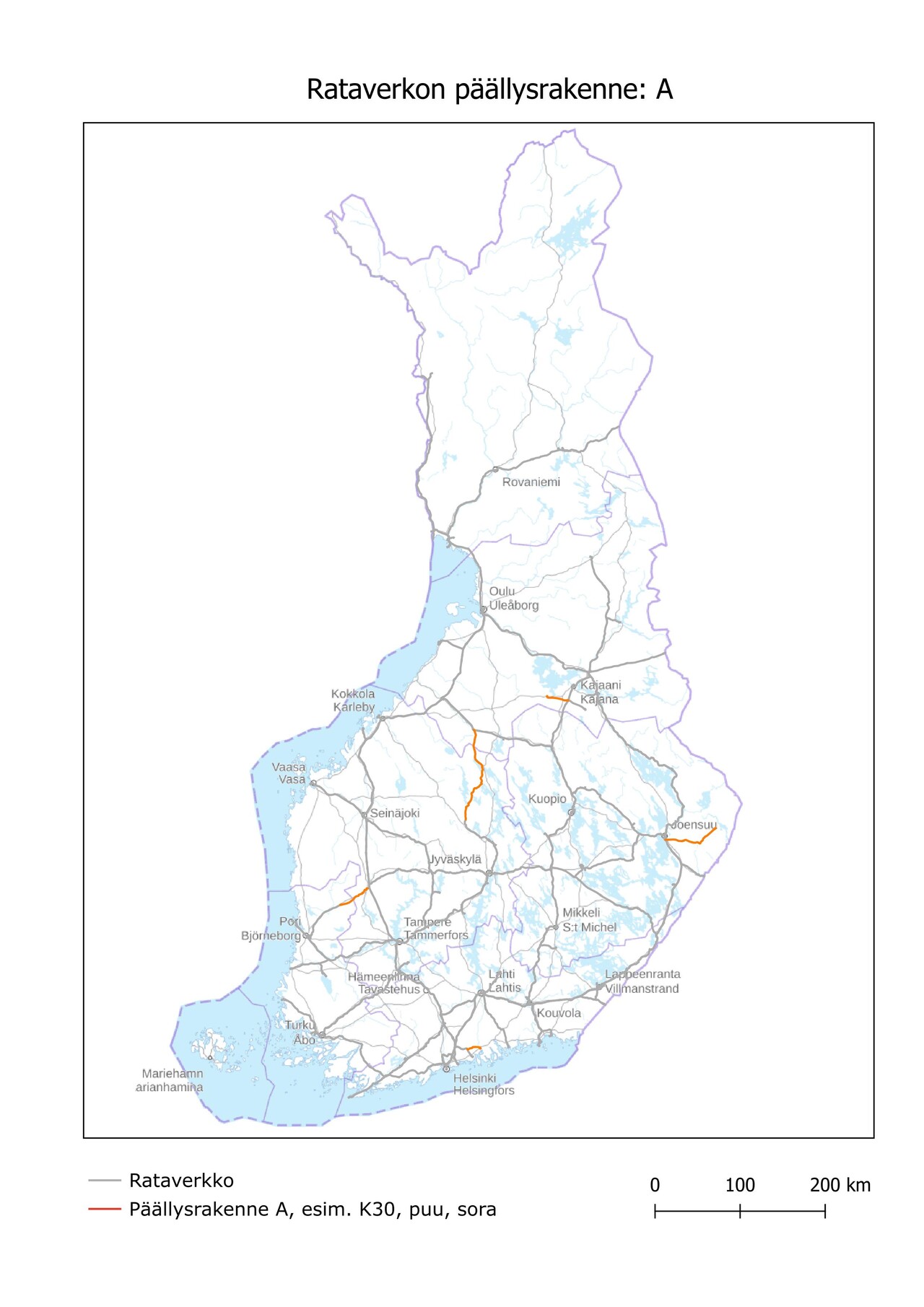 Suomen kartalla teiden päällysrakenteet