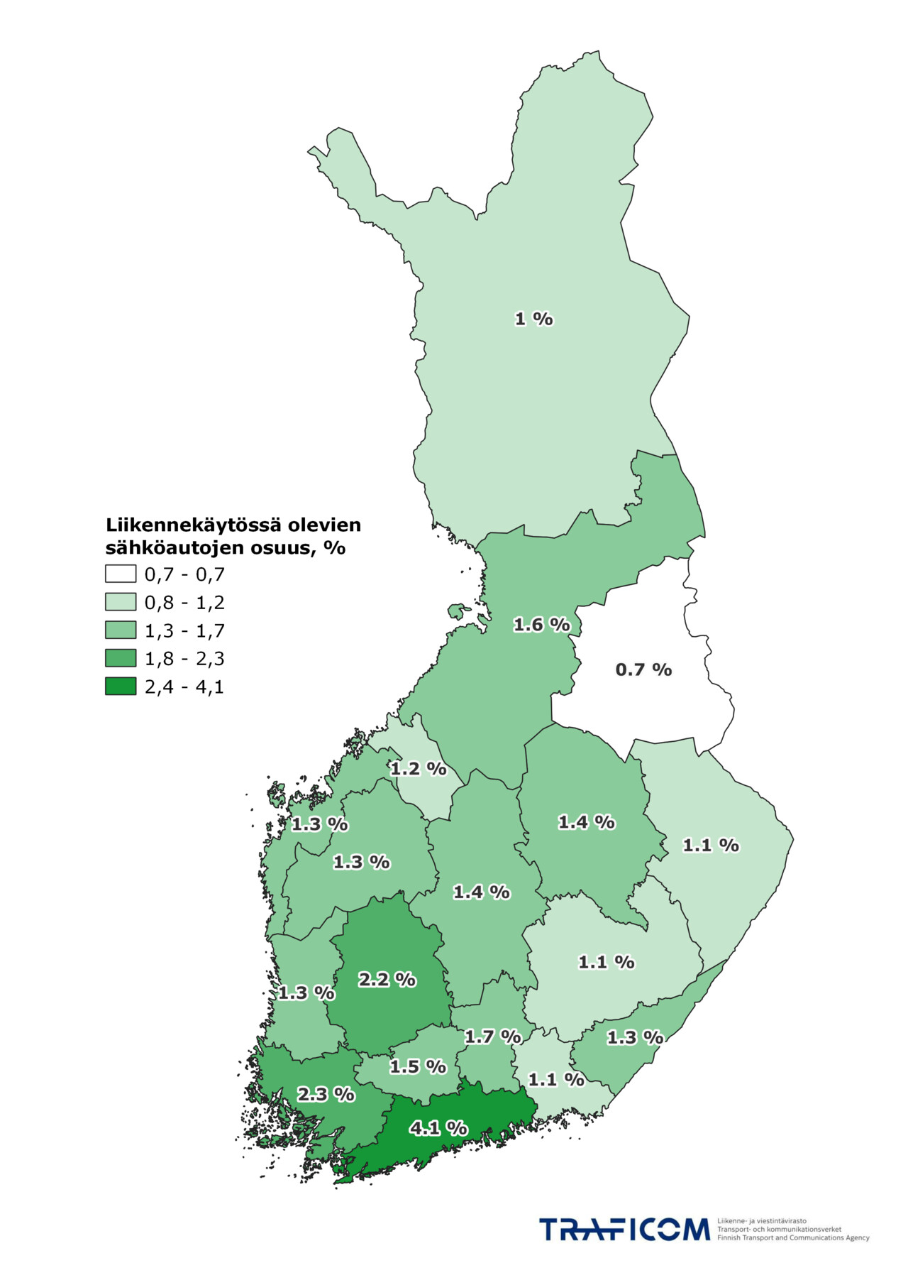 Suomen kartalla liikennekäytössä olevien sähköhenkilöautojen osuus maakunnittain kesäkuun 2023 lopussa 