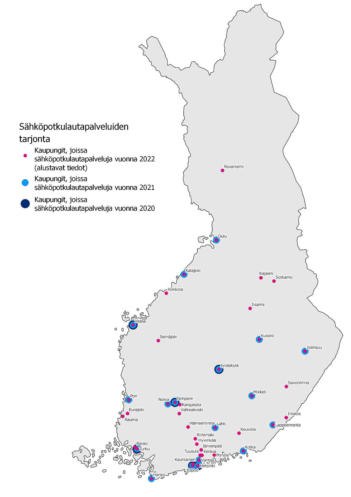 Kuvassa Suomen kartalla kaupungit, joissa sähköpotkulautapalveluita vuosina 2020, 2021 ja 2022