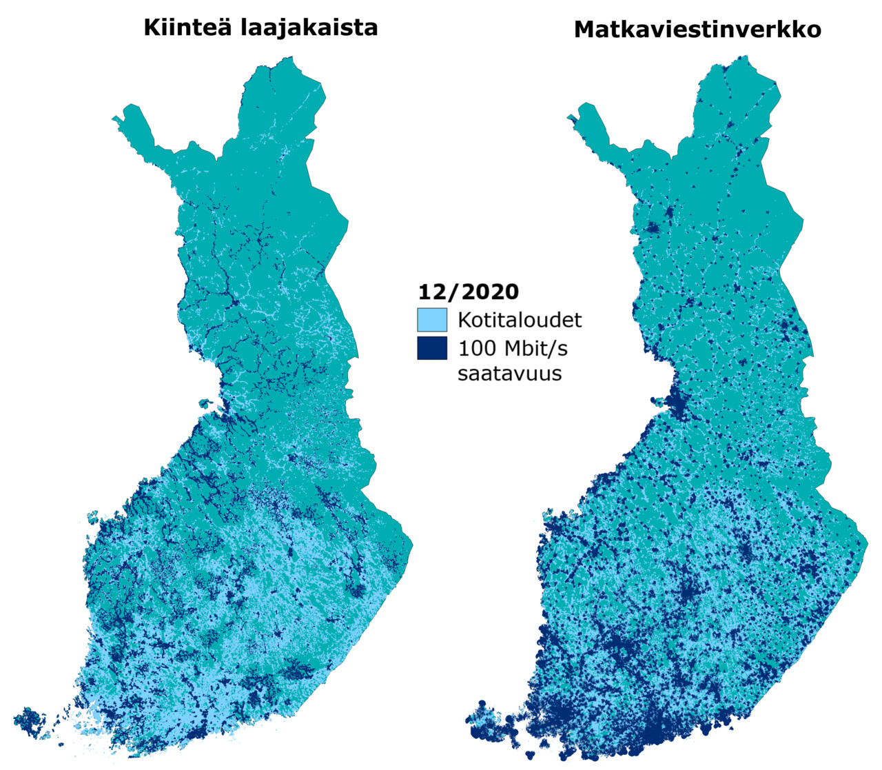 Nopean laajakaistan saatavuus kotitalouksille vuoden 2020 lopussa. Sekä nopean kiinteän laajakaistayhteyden että nopean matkaviestinverkon saatavuus keskittyy pääosin Etelä- ja Länsi-Suomen kaupunkialueille. Vaikka väestöpeitot ovat suhteellisen korkeita, jää maantieteellisesti suuri osa maata kattamatta.