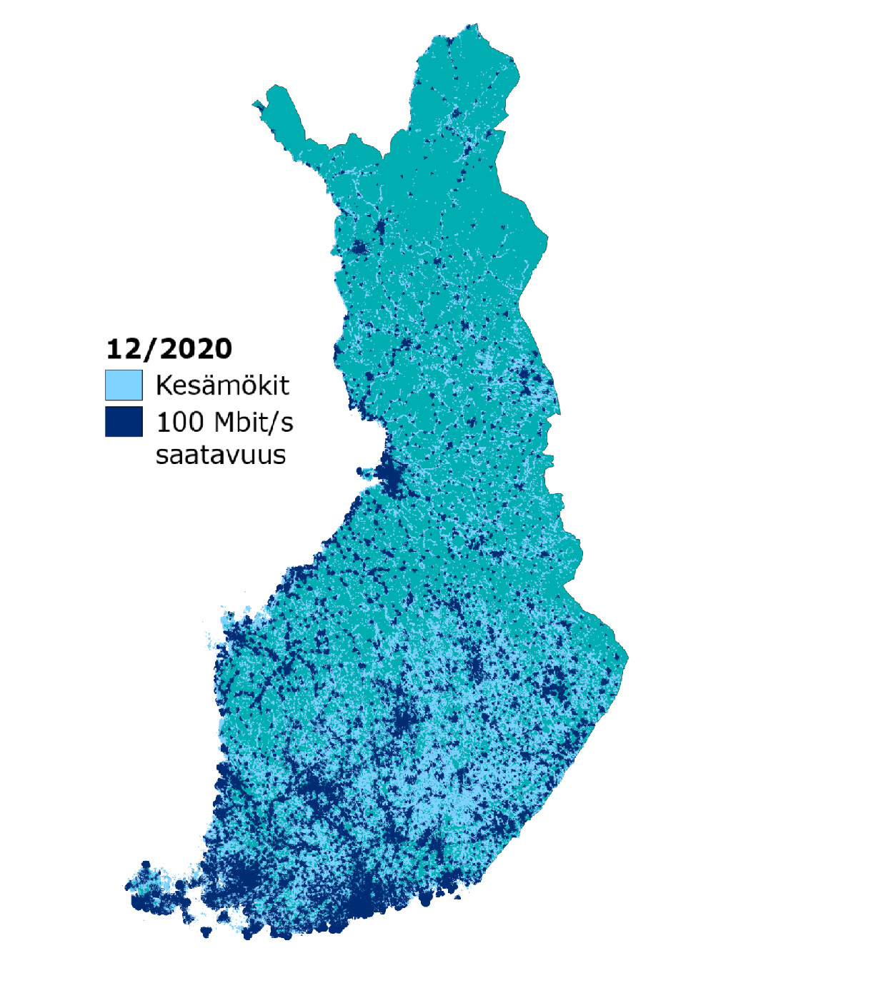 Nopean laajakaistan saatavuus kesämökeille vuoden 2020 lopussa. Saatavuus keskittyy Etelä- ja Lounais-Suomen kasvukeskusten ympäristöön sekä Jyväskylän, Kuopion ja Oulun seuduille. Muualla maassa saatavuus on hajanaisempaa.