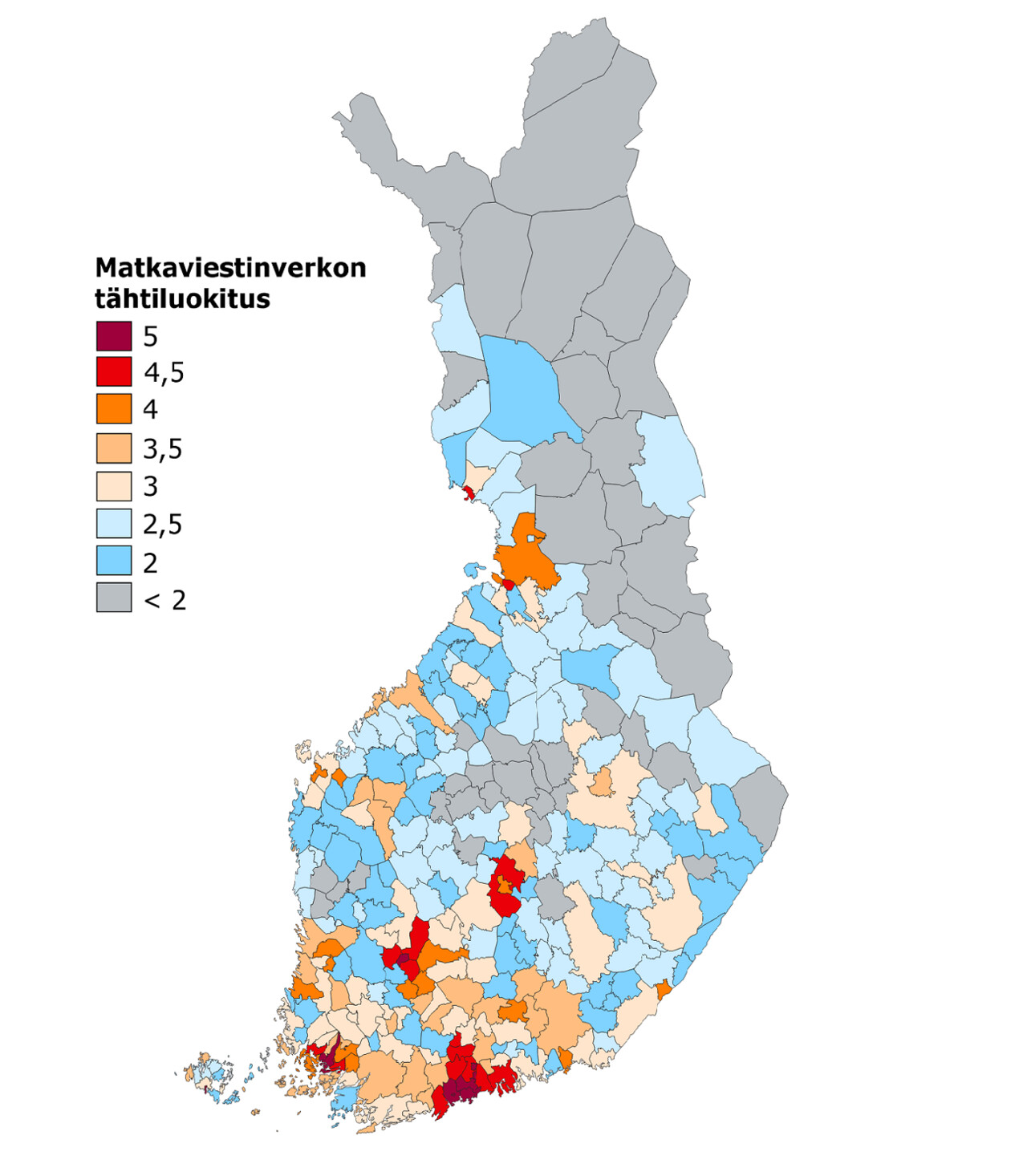 Kuntakohtainen nopean matkaviestinverkon saatavuusluokitus 2020. Erityisesti 5G-verkkojen rakentamisesta johtuen tilanne on paras pääkaupunkiseudulla sekä Turun, Tampereen, Jyväskylän ja Oulun alueilla, joilla päästään luokkiin 4 tai 5. Pohjois- ja Itä-Suomessa tilanne on selvästi heikompi ja luokitus on pääosin heikoimmissa luokissa alle 2,5 tason.