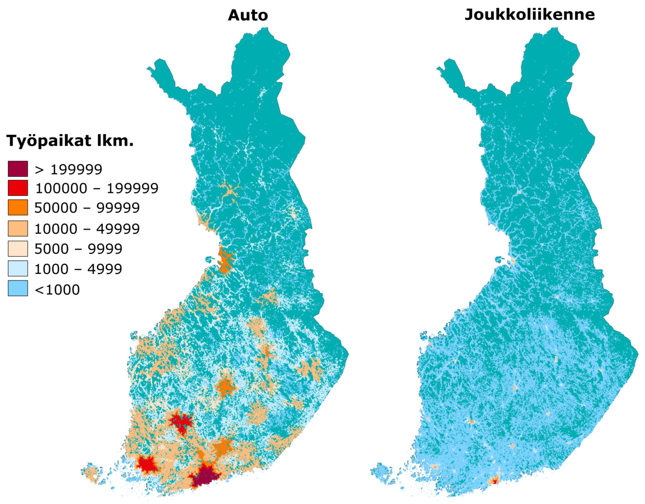 Kuvassa kahdellaSuomen kartalla 30 minuutissa saavutettavien työpaikkojen määrä henkilöautolla ja joukkoliikenteellä