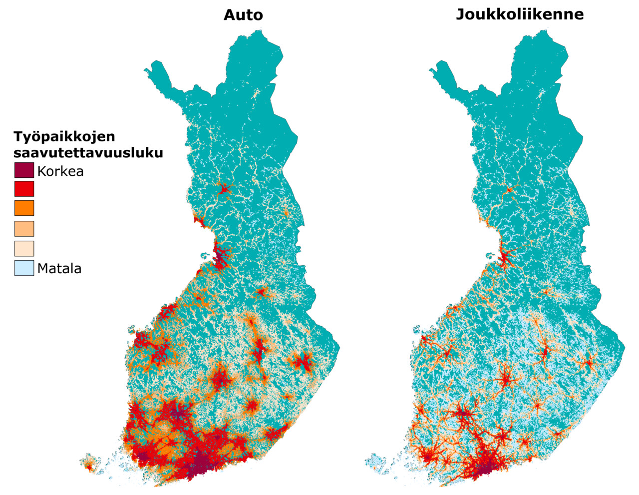 Kuvassa kaksi Suomen karttaa, joissa esitetty työpaikkojen saavutettavuus henkilöautolla ja joukkoliikenteellä vetovoimamallilla arvioituna