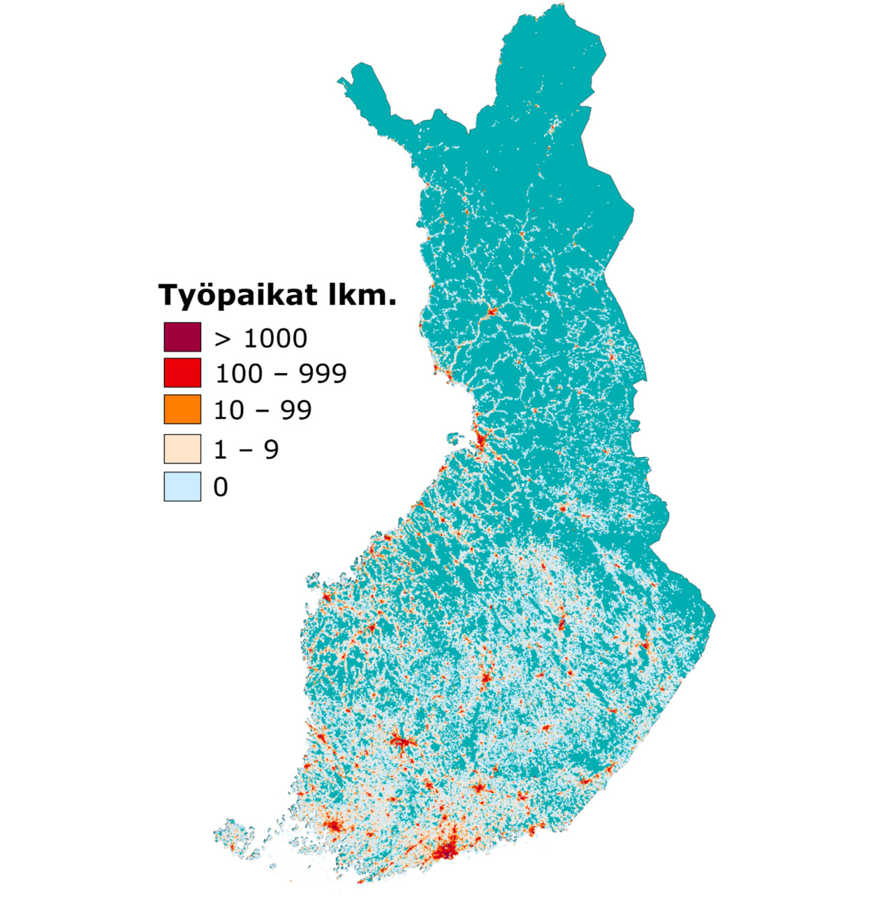 Kuvassa Suomen kartalla esitetty työpaikkojen sijainnit