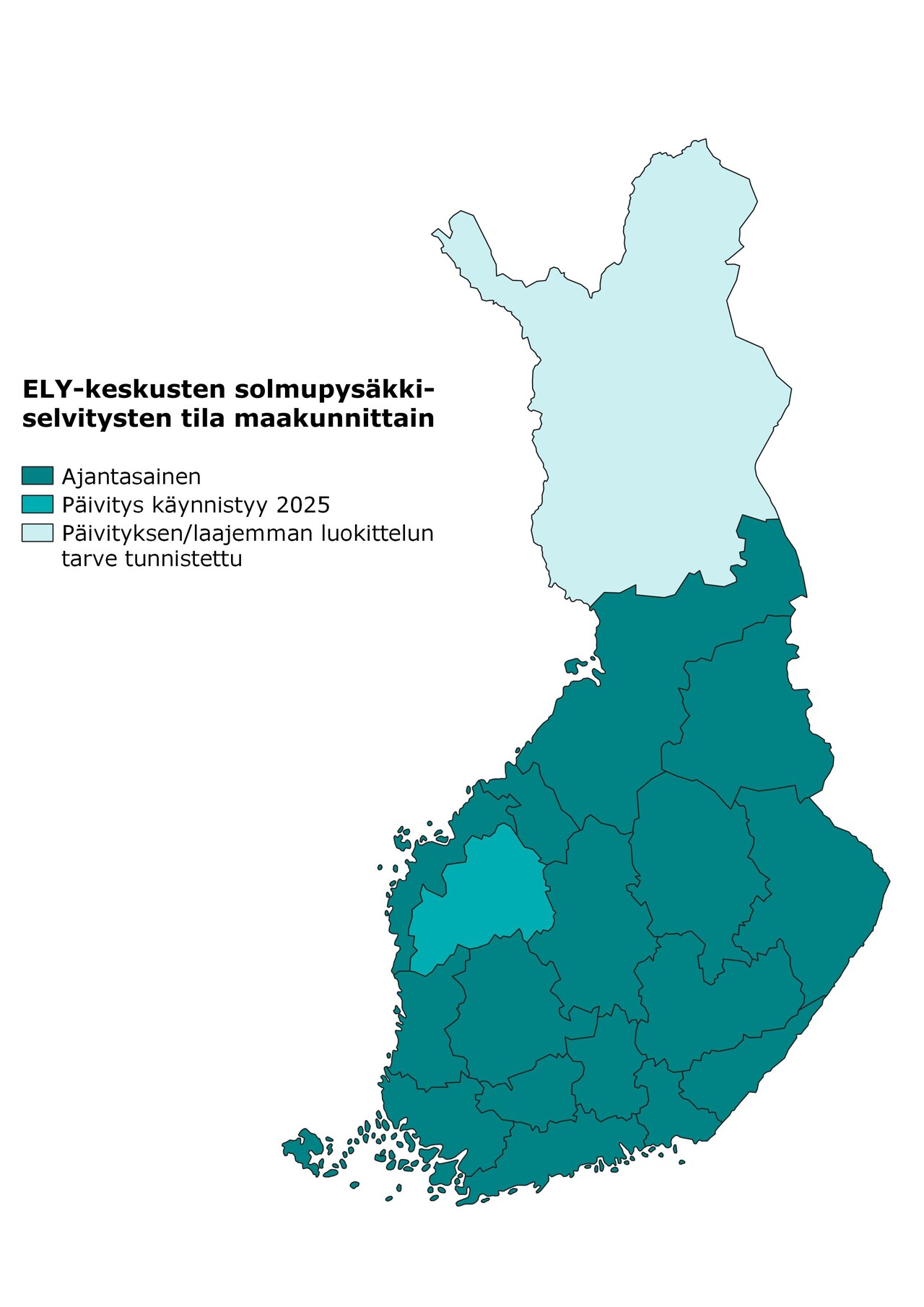 Kuvassa Suomen kartassa ELY-keskusten solmupysäkkiselvityksen tila maakunnittain.