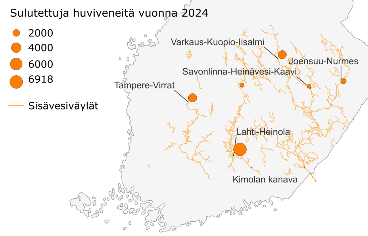 Suomen kartalla huviveneiden sulutusten määrät sisävesiverkoston kanavissa vuonna 2024