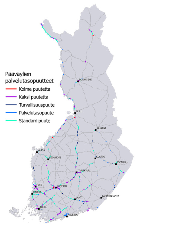 Suomen kartassa maanteiden pääväylät ja niiden puutteet vuonna 2023