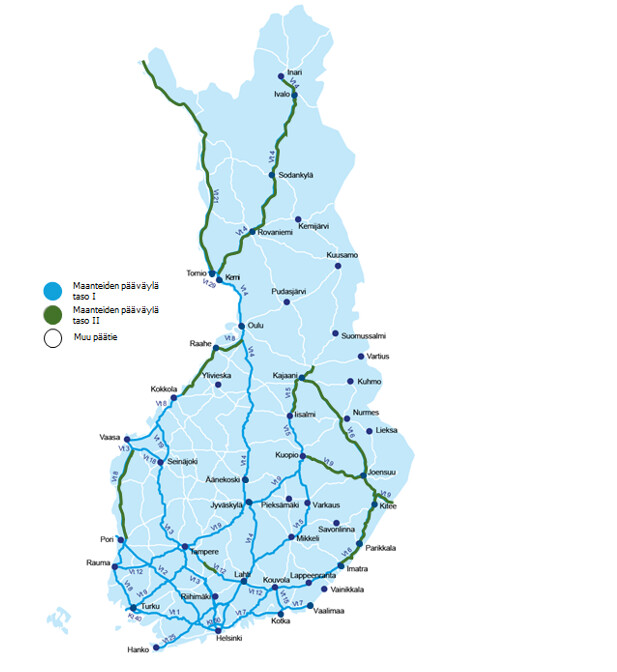 Suomen kartassa maanteiden pääväylät ja palvelutasoluokat.