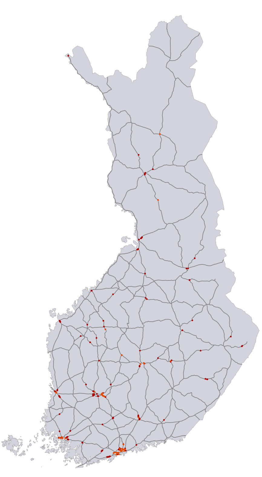 Suomen kartassa esitetty ne päätiet, joilla on ollut sujuvuusongelmia vuonna 2023.