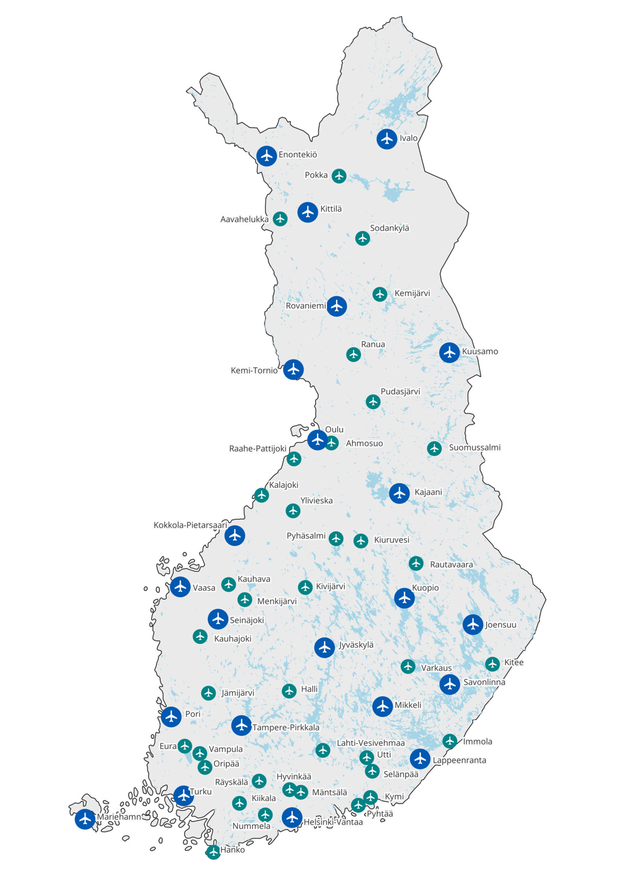 Suomen kartalla ne lentoasemat ja lentopaikat, joiden kiitotien pituus on yli 800m