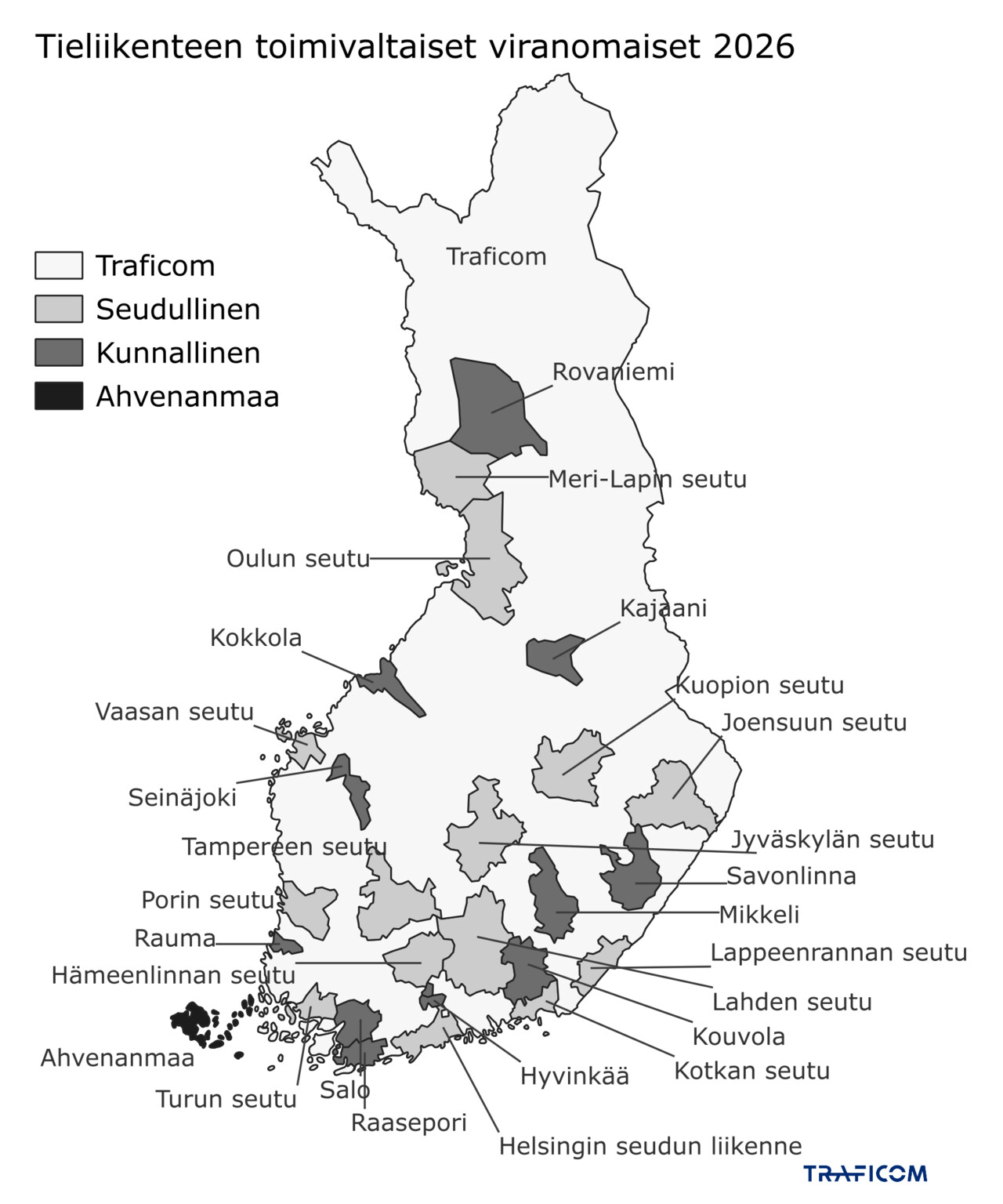 Kartta, jossa näkyvät tieliikenteen toimivaltaiset viranomaiset vuoden 2026 alusta.