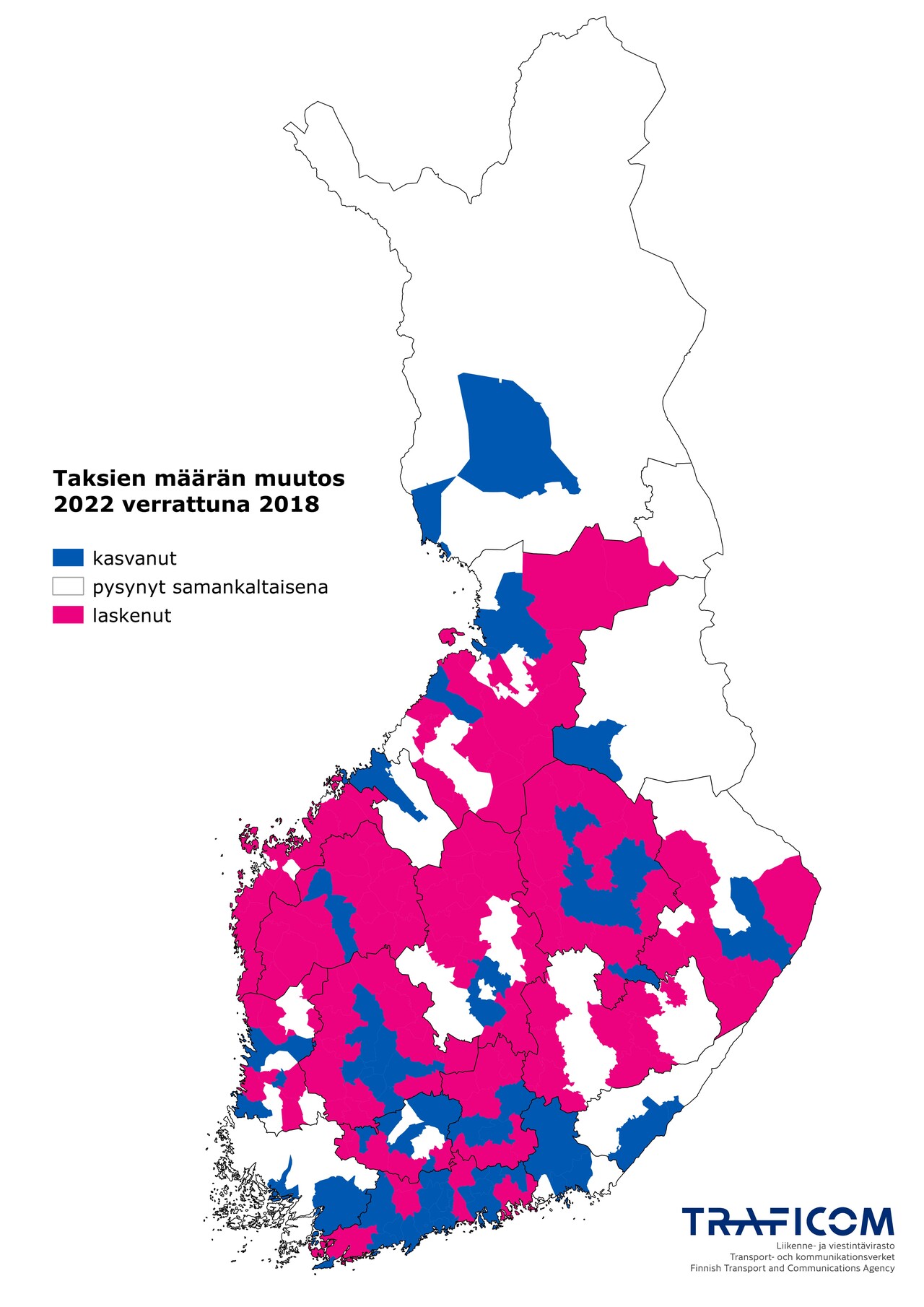 Suomen kartalla esitetty taksien määrän muutos 2022 verrattuna 2018