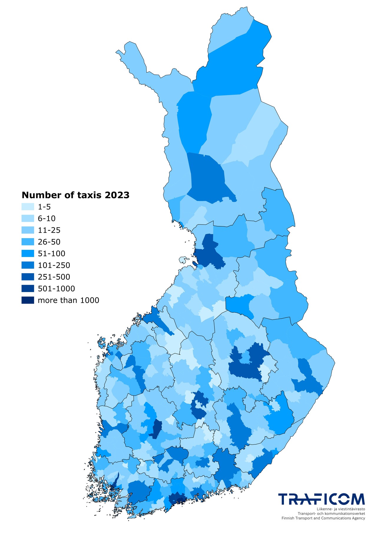 Map of Finland depicting the number of taxis in different regions according to their assumed operational area.