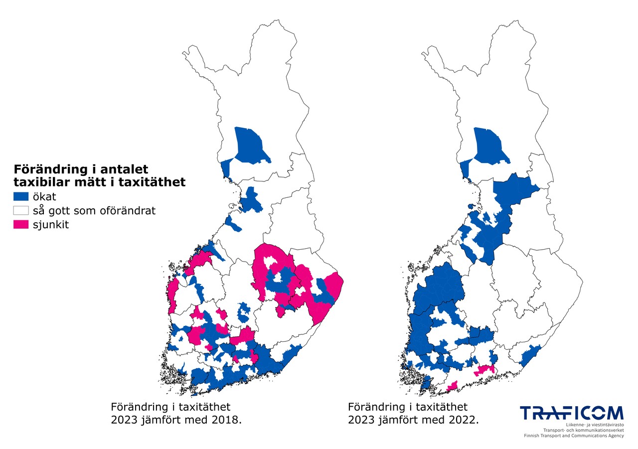 Förändring av antalet taxibilar mätt i taxitäthet på kartan över Finland. Till vänster 2023 jämfört med 2018. Till höger 2023 jämfört med 2022.