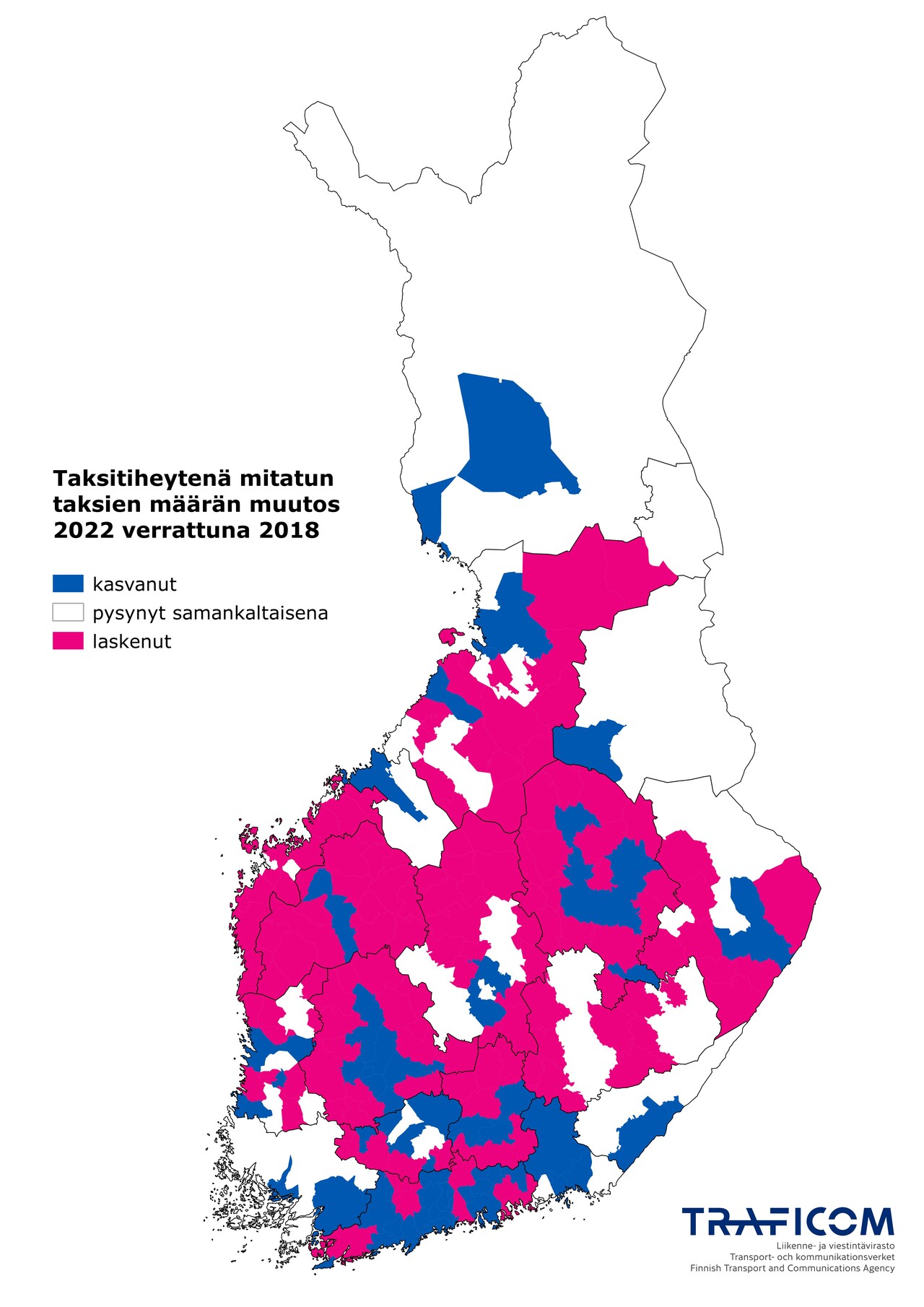 Suomen kartalla esitetty taksitiheytenä mitatun taksien määrän muutos 2022 verrattuna 2018