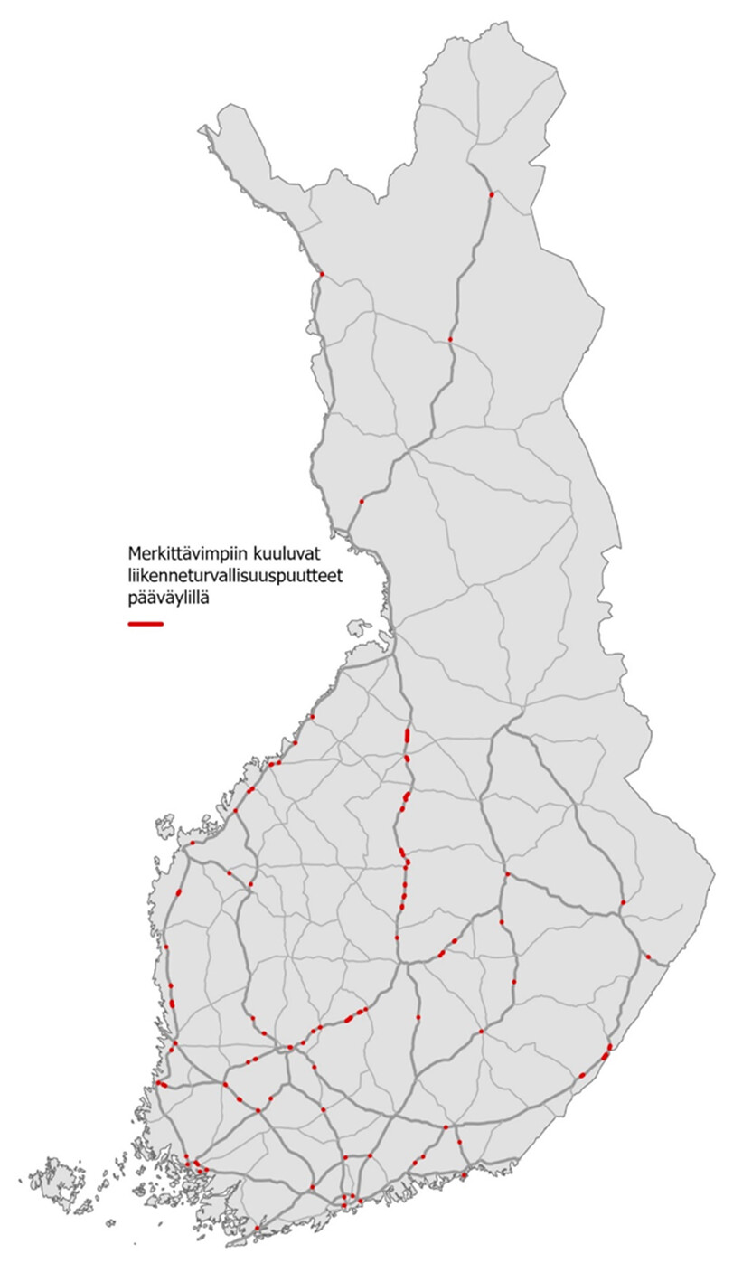 Kuvassa Suomen kartalla merkittävimpiin kuuluvat liikenneturvallisuuspuutteet maanteiden pääväylillä vuonna 2022