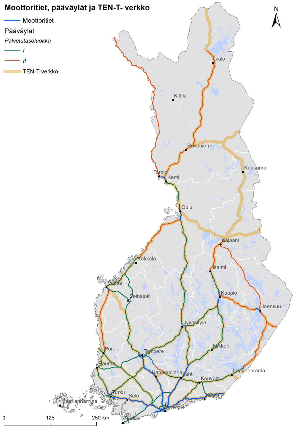 Suomen kartalla esitetty tieturvallisuusdirektiivin soveltamisala