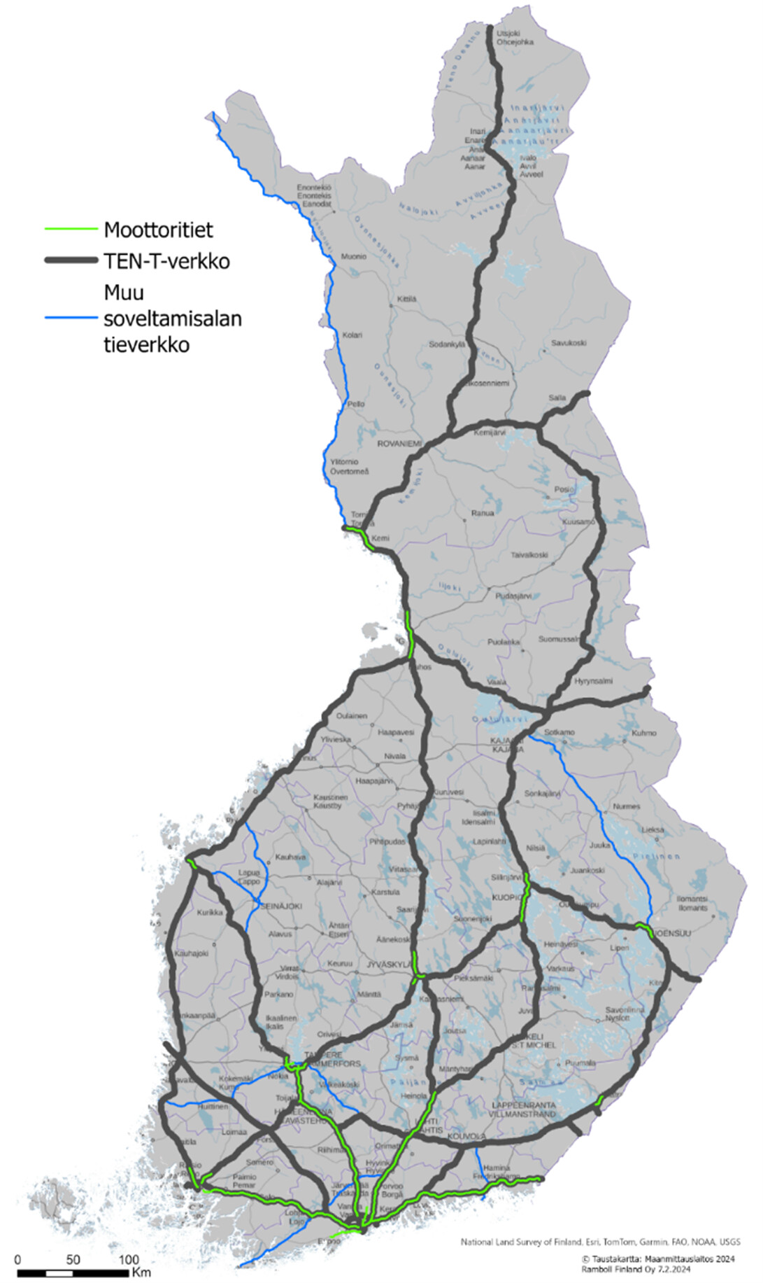 Suomen kartalla esitetty tieturvallisuusdirektiivin soveltamisala