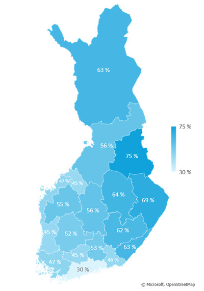 Suomen kartalla esitetty vähäliikenteisten teiden osuus maakunnan maanteiden kokonaispituudesta