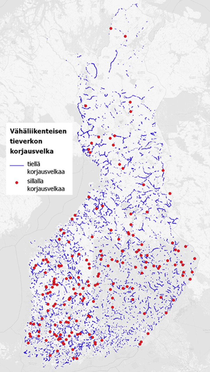 Suomen kartalla esitetty korjausvelka vähäliikenteisen tieverkon teillä ja silloilla