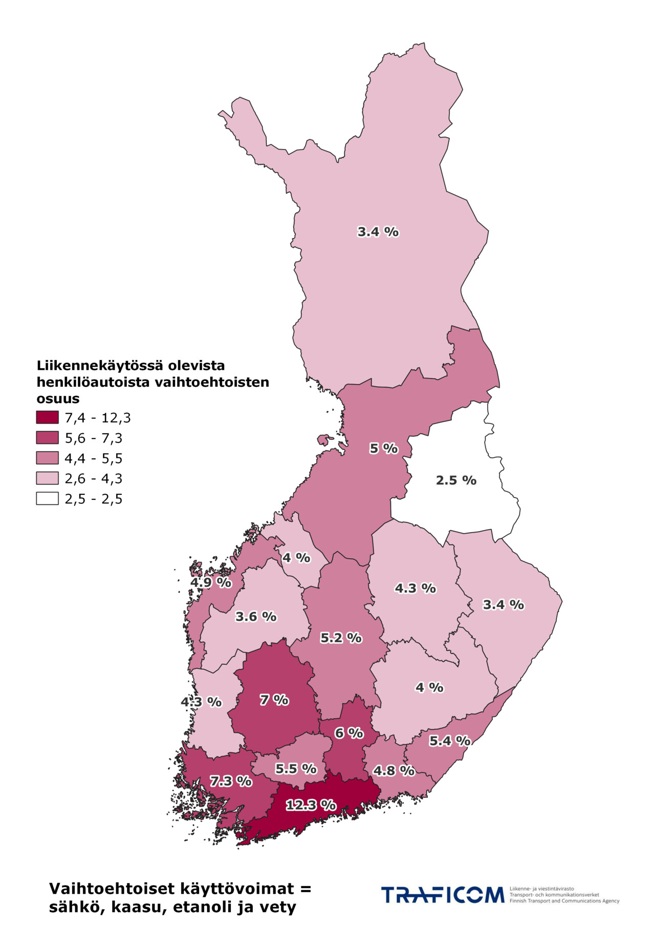 Suomen kartalla vaihtoehtoisten käyttövoimien osuus kaikista liikennekäytössä olevista henkilöautoista kesäkuun 2023 lopussa