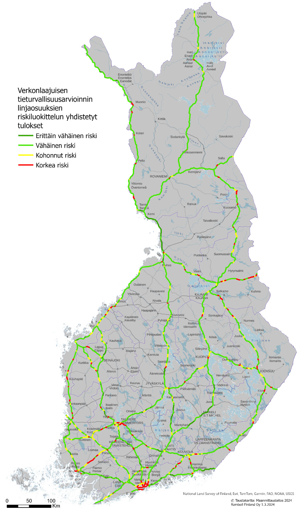 Suomen kartalla verkonlaajuinen tieturvallisuusarviointi, yhdistetty tulos: Tien linjaosuudet