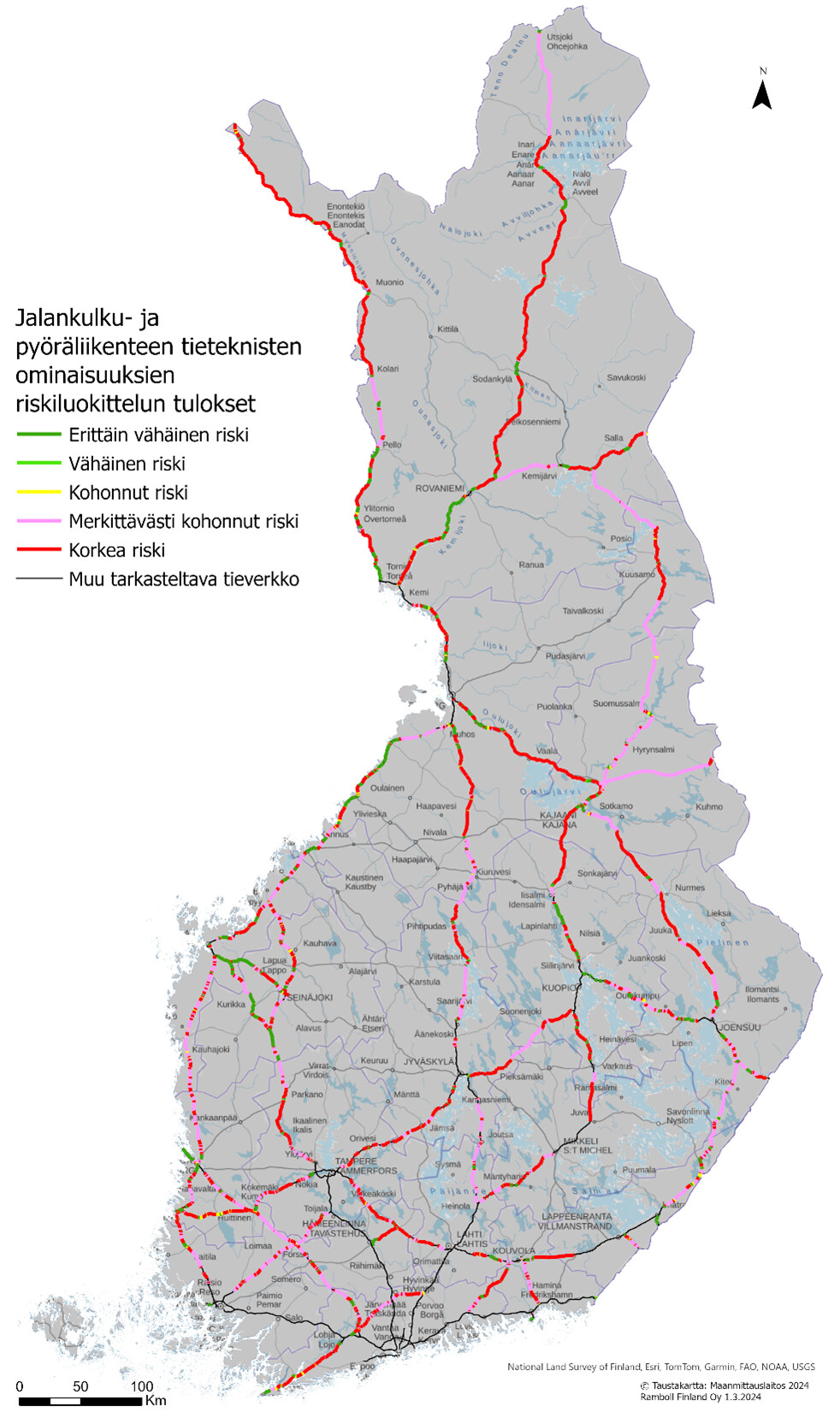 Suomen kartalla verkonlaajuinen tieturvallisuusarviointi: Jalankulku- ja pyöräliikenteen linjaosuudet tien suunnitteluominaisuuksiin perustuen