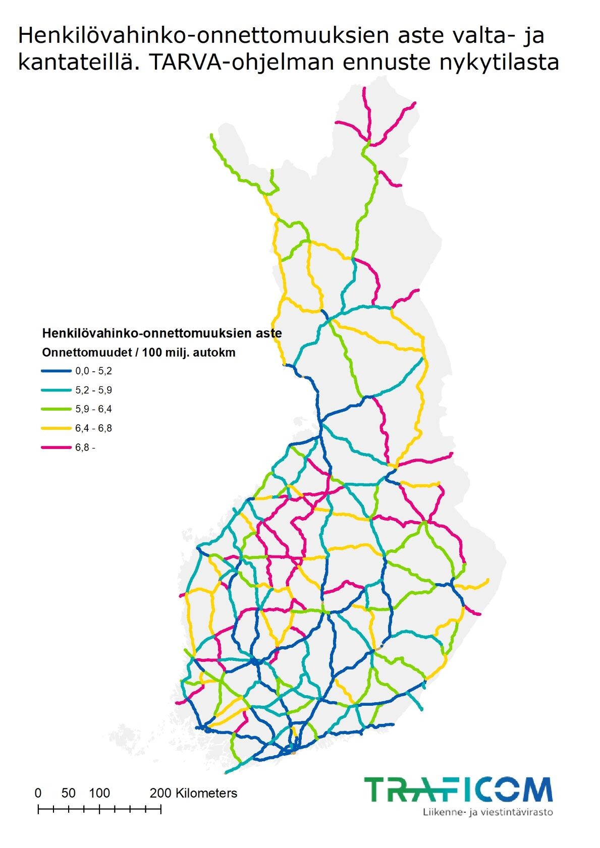 Kartta henkilövahinko-onnettomuuksista suhteessa liikennesuoritteeseen pääteillä