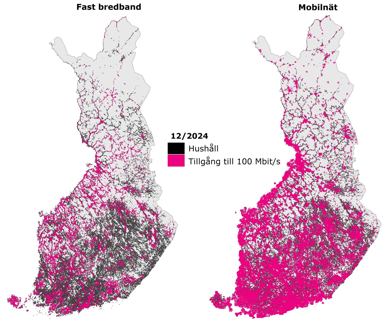 Kartan visar tillgången till snabbt bredband för hushållen.