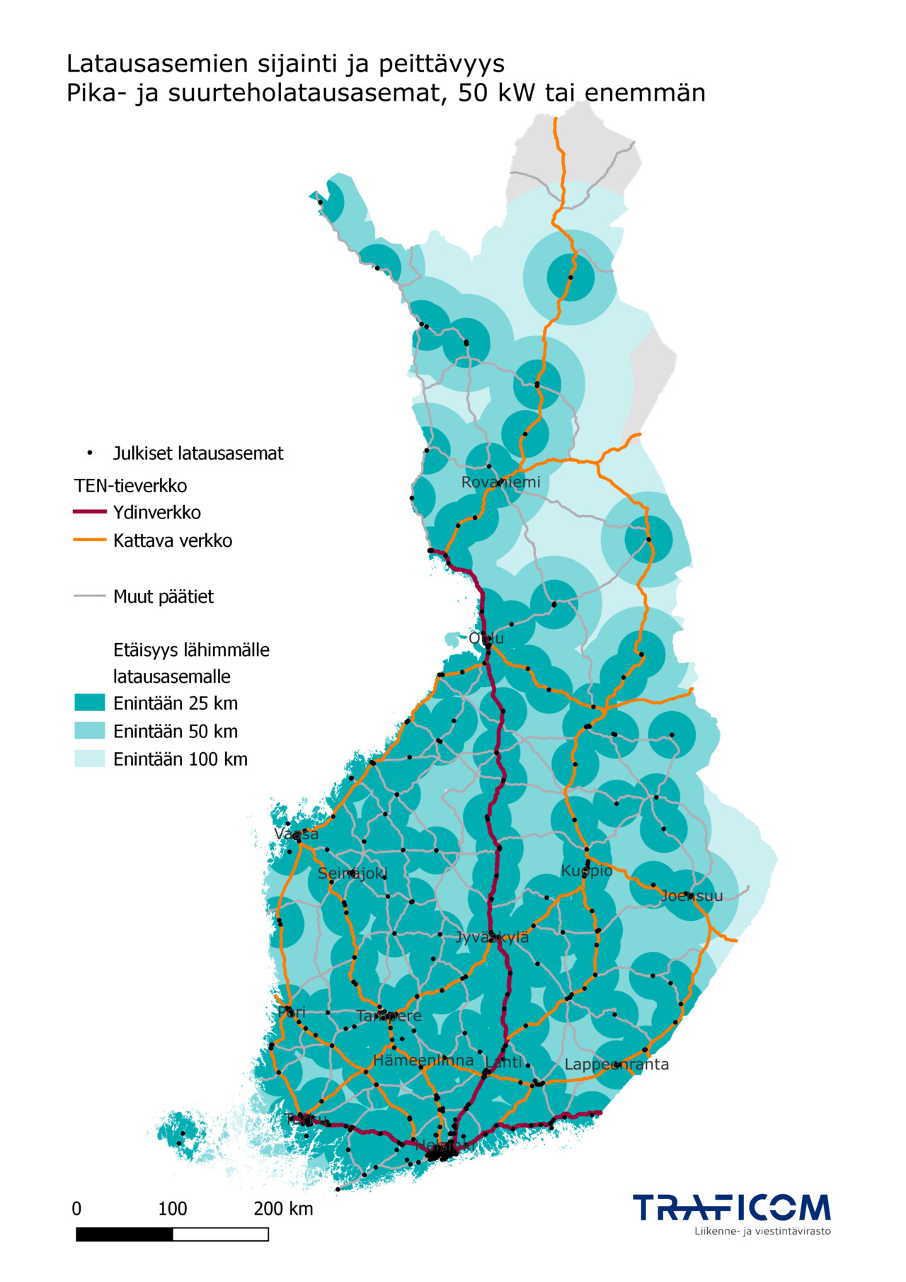 Sähkön pika- ja suurteholatausasemat ja peittavyys