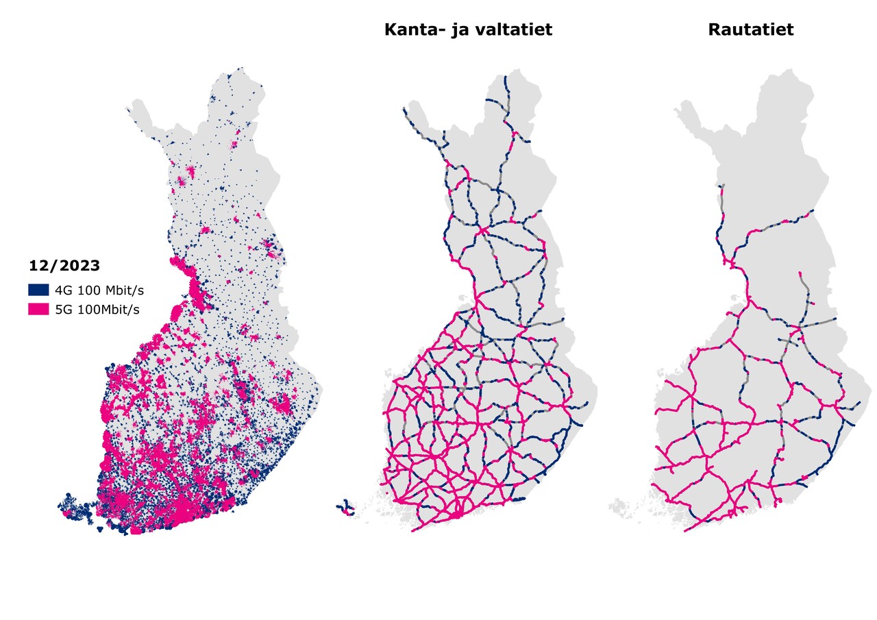 Kartalla näet 4G ja 5G 100 Mbit/s latausnopeuden peittoalueet sekä kattavuudet tie- ja rataosuuksilla Suomessa