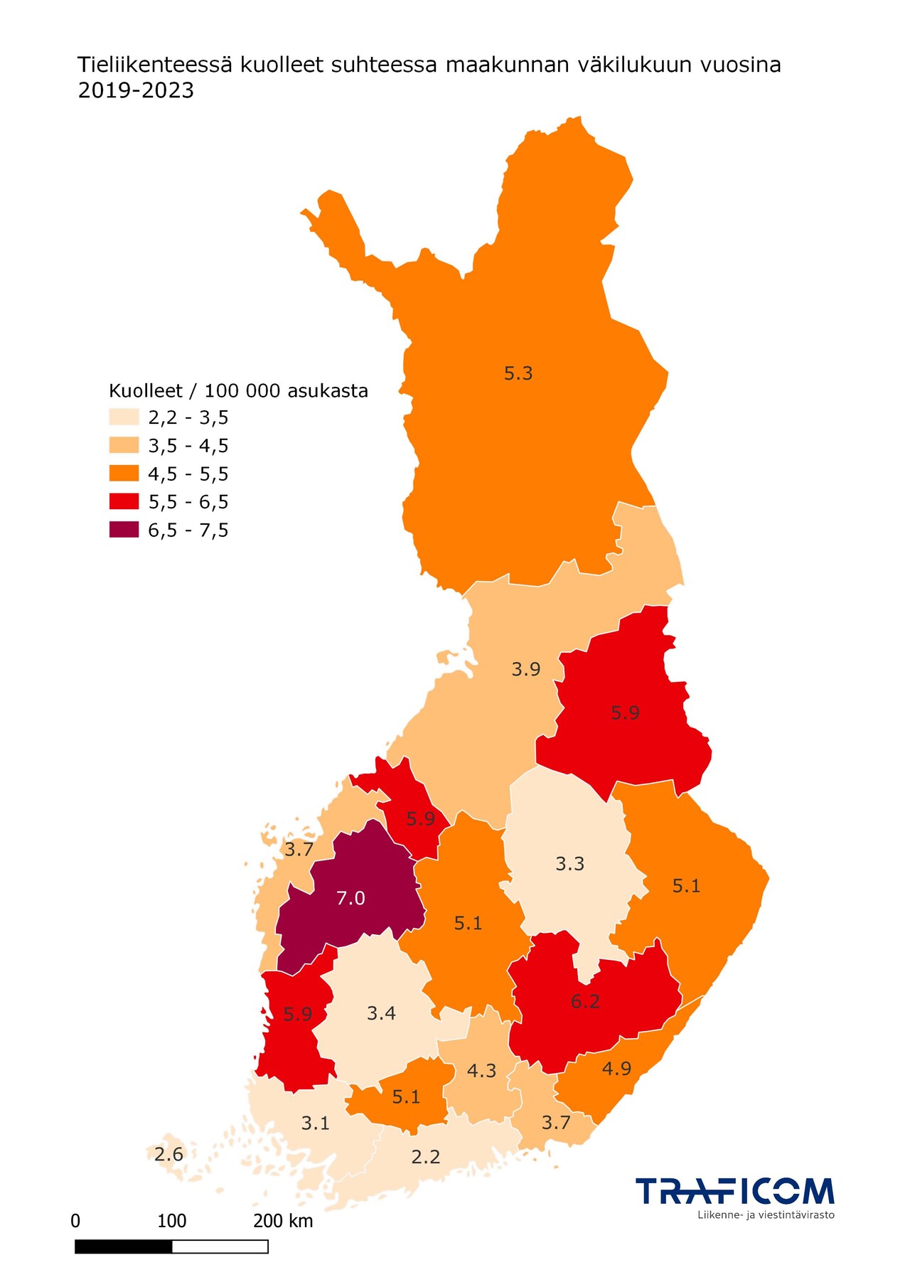 Kartta tieliikenteessä kuolleista suhteessa maakuntien väkilukuun vuosina 2019-2023
