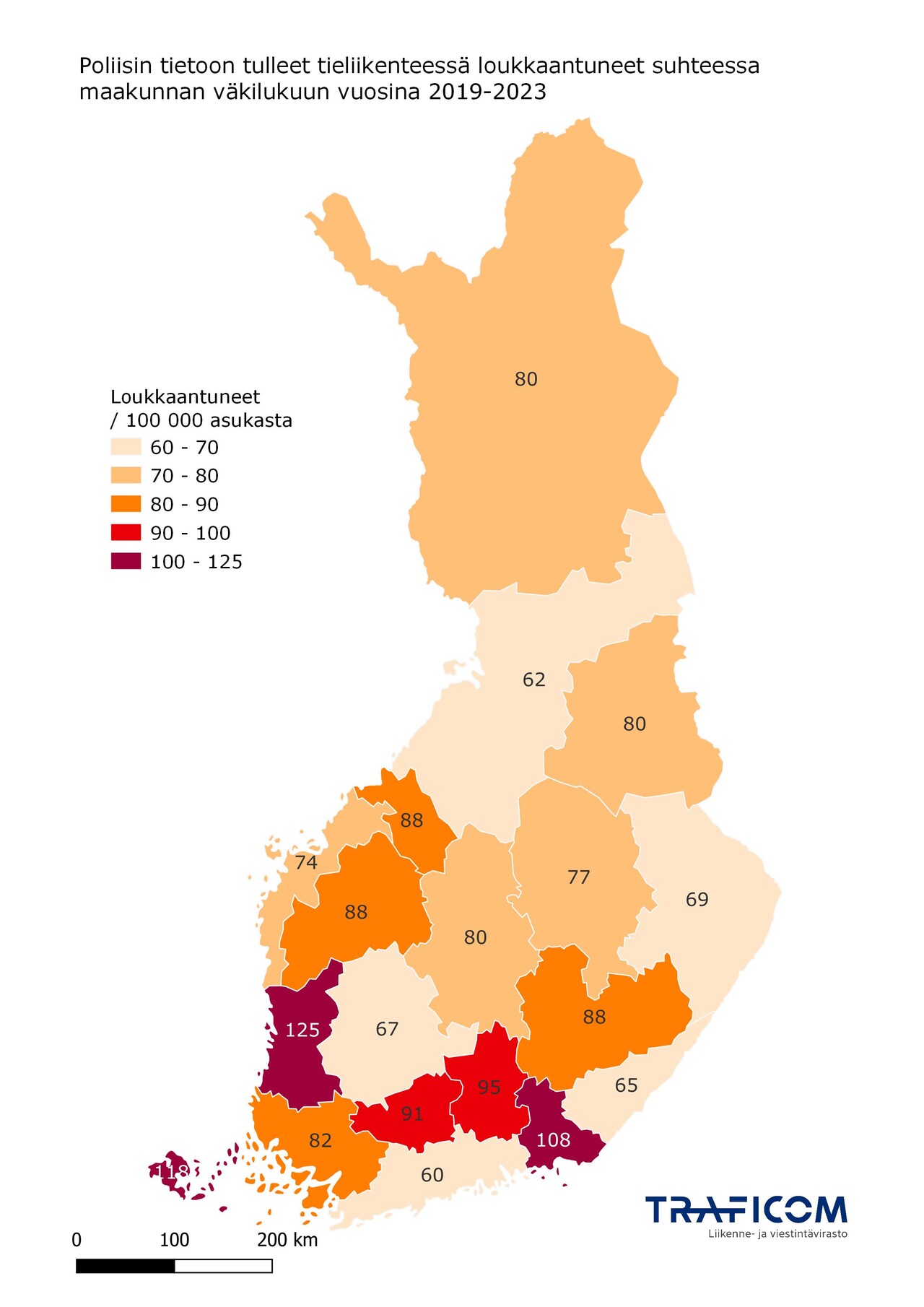 Kartta tieliikenteessä loukkaantuneista maakunnittain suhteessa väkilukuun